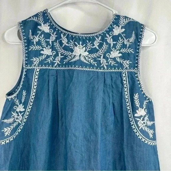 En Creme Blue Chambray Sleeveless Tunic Top Embroidered Mini Dress Size S - Picture 2 of 11